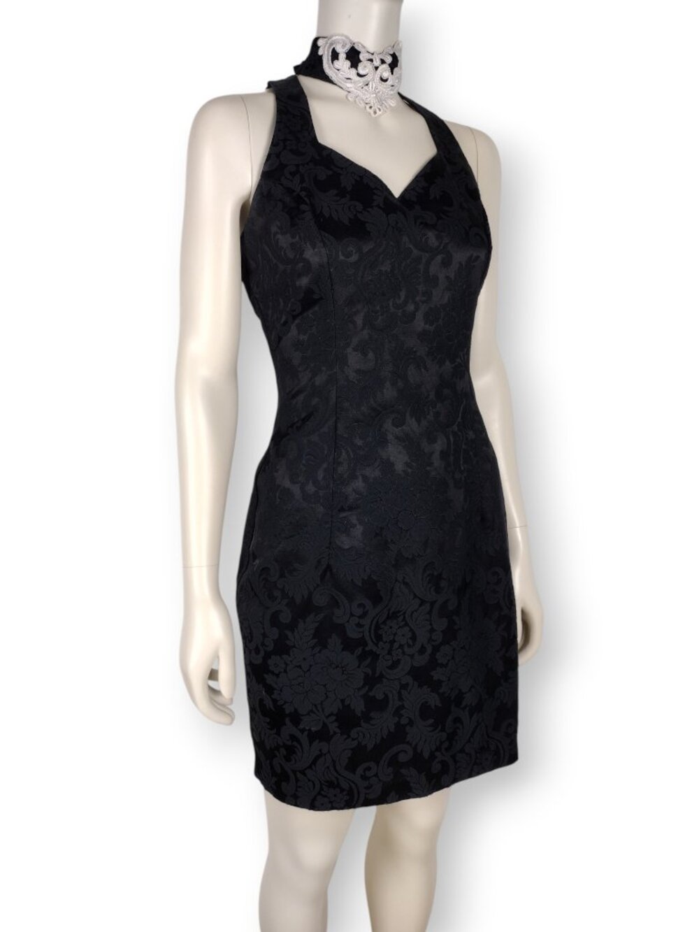 Vintage 90s Jessica McClintock Black Brocade Mini Sheath Choker Halter Dress - Picture 2 of 13